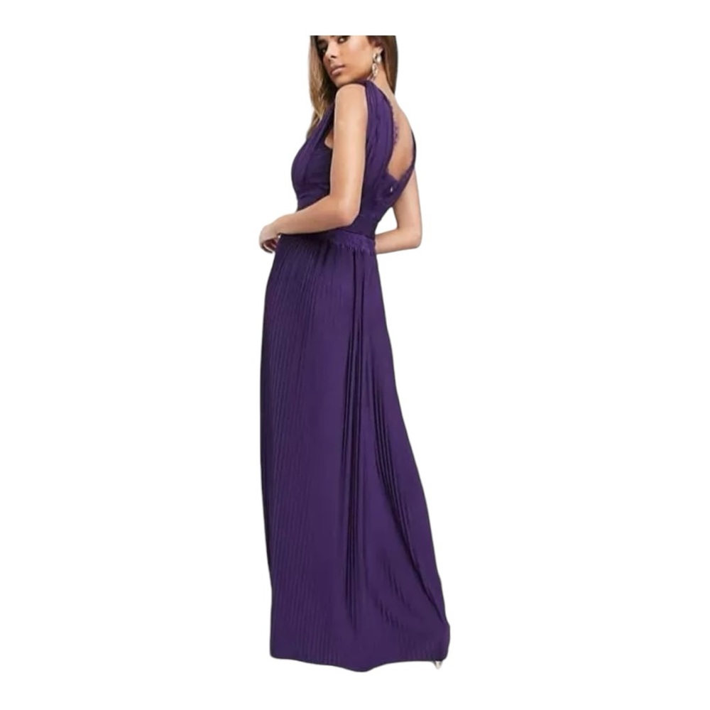 ASOS Dark Purple Pleated Maxi Dress Size 4 V Neck Lace Prom Wedding Guest Slits